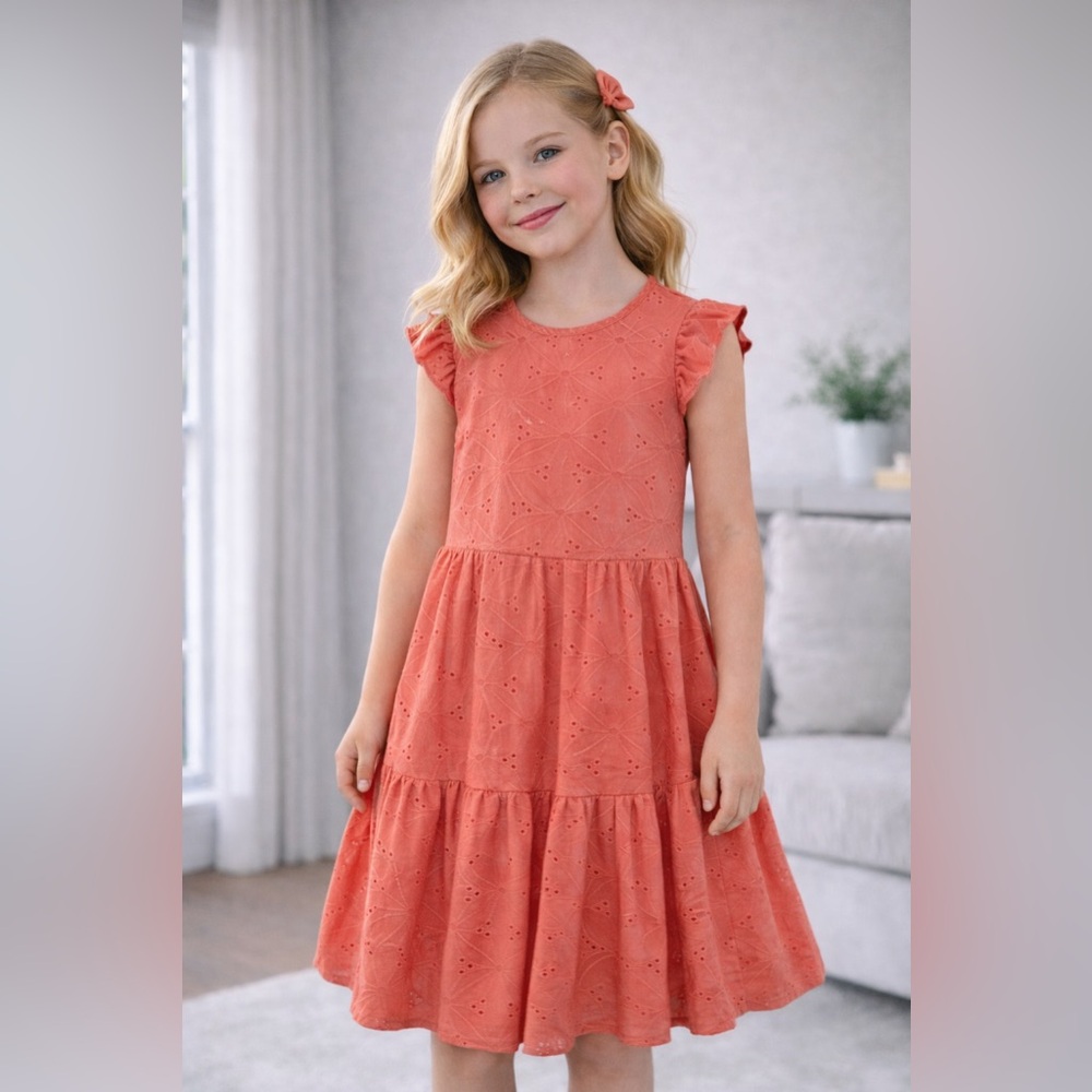 Tahari Girl’s Coral/ Peach Eyelet Dress Ruffle Sleeves Matching Scrunchie Size 8